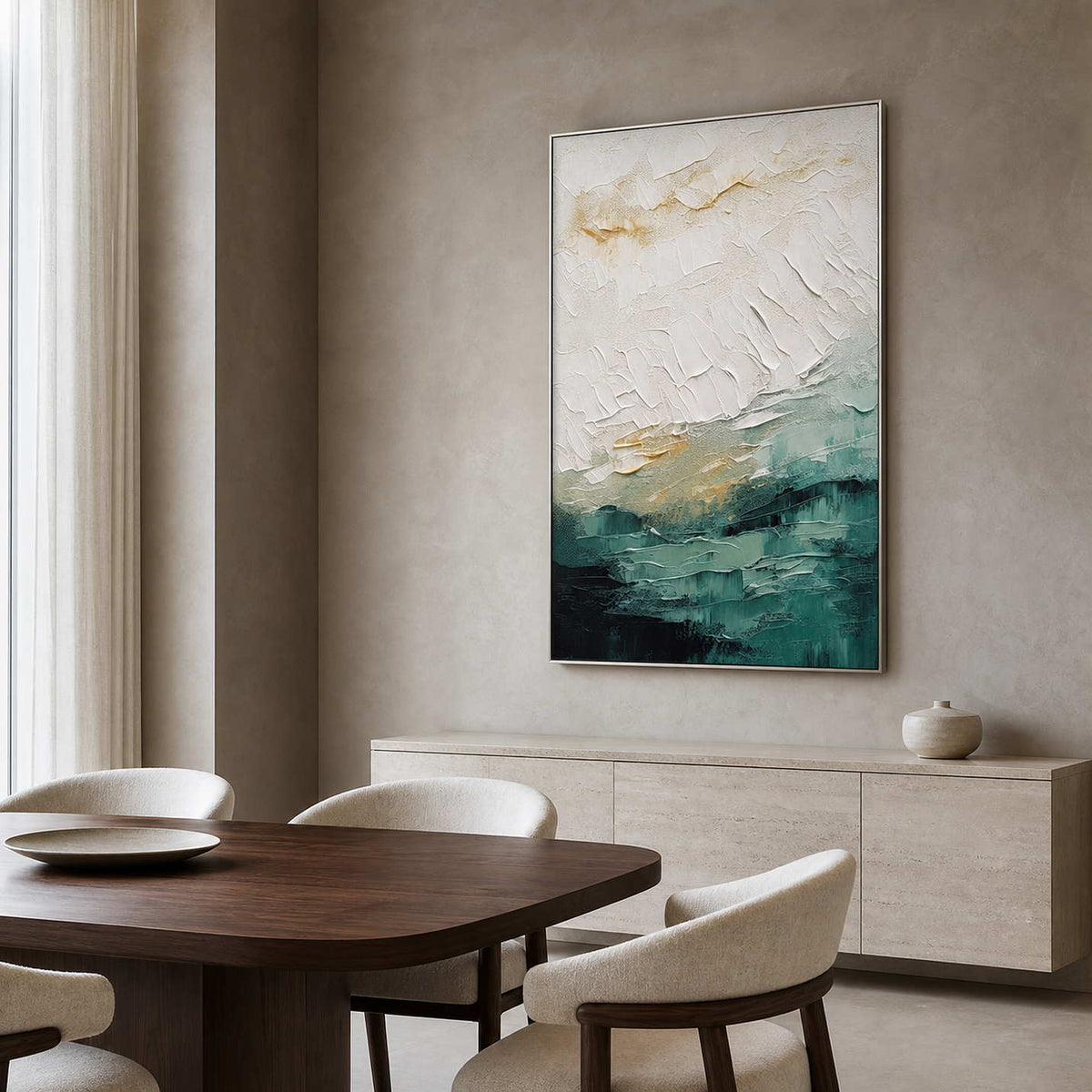 Textured Abstract Wall Art displayed in a refined dining room.