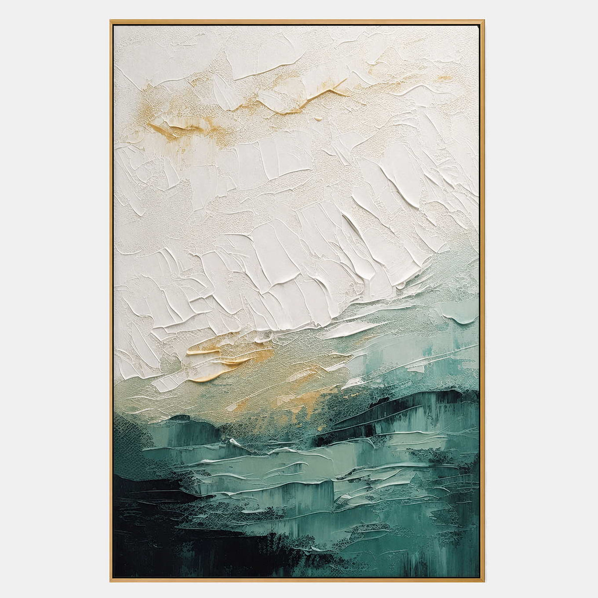 Hand-painted textured abstract wall art with blue, white, and earth tones tones.
