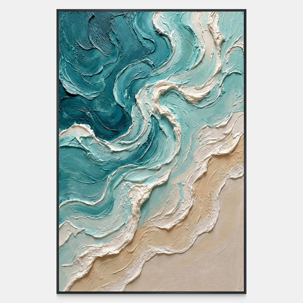 Front view of Sea in Motion, with winding teal and turquoise water, raised white crests and a pale sandy edge.