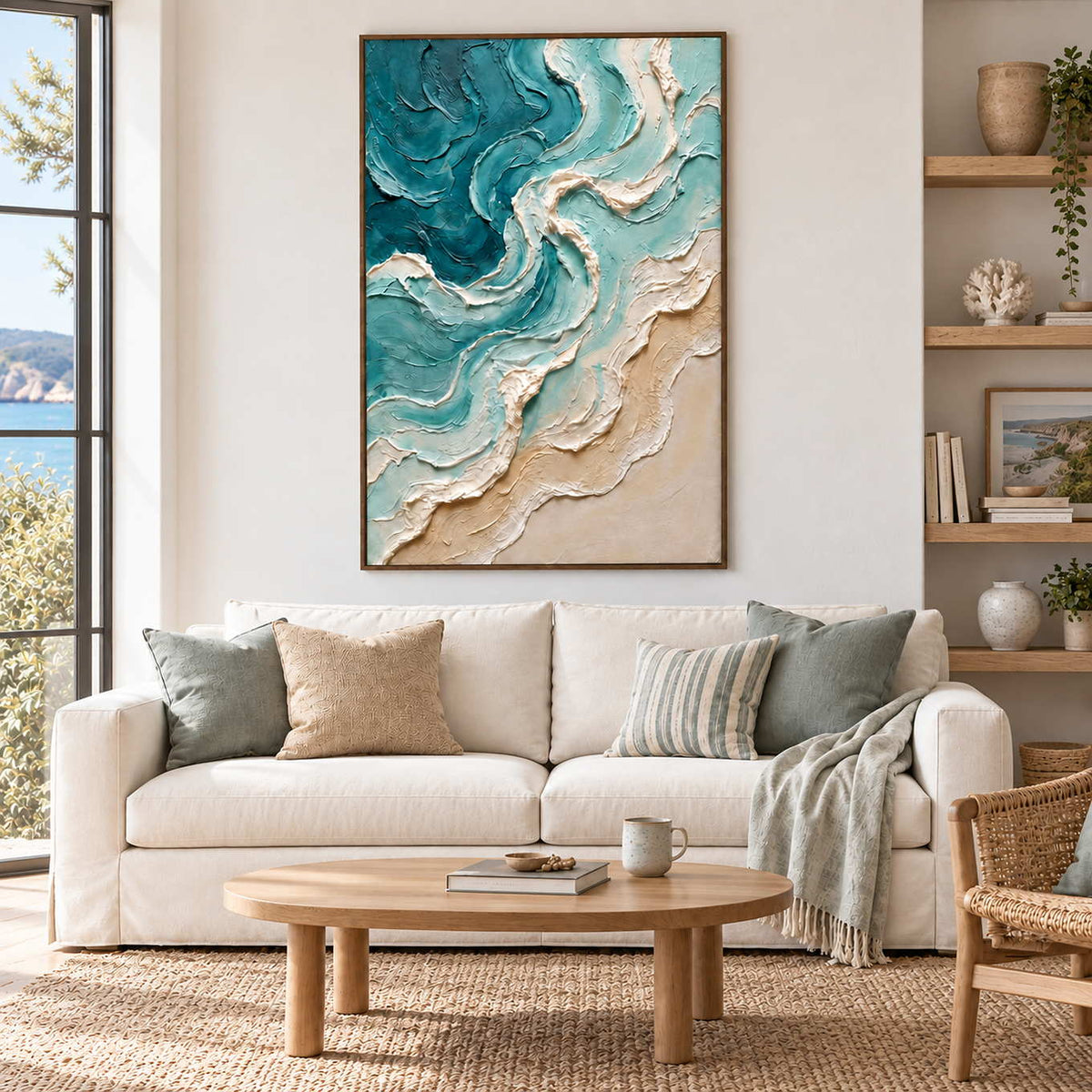 Sea in Motion in a wood frame above a cream sofa with sage cushions beside a window overlooking water.