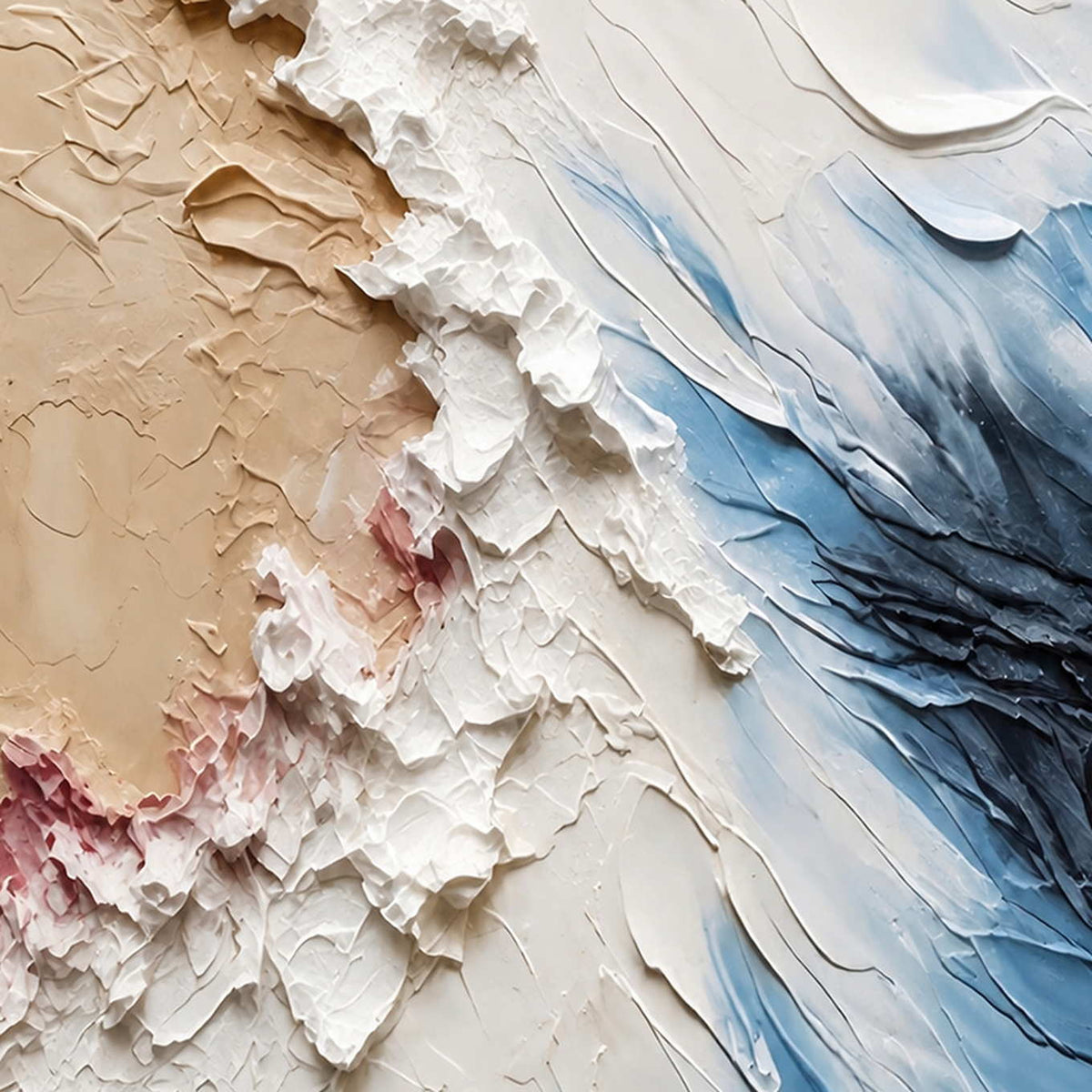 Close-up of irregular white impasto ridges meeting sandy beige, pale blue, and deep navy layers.
