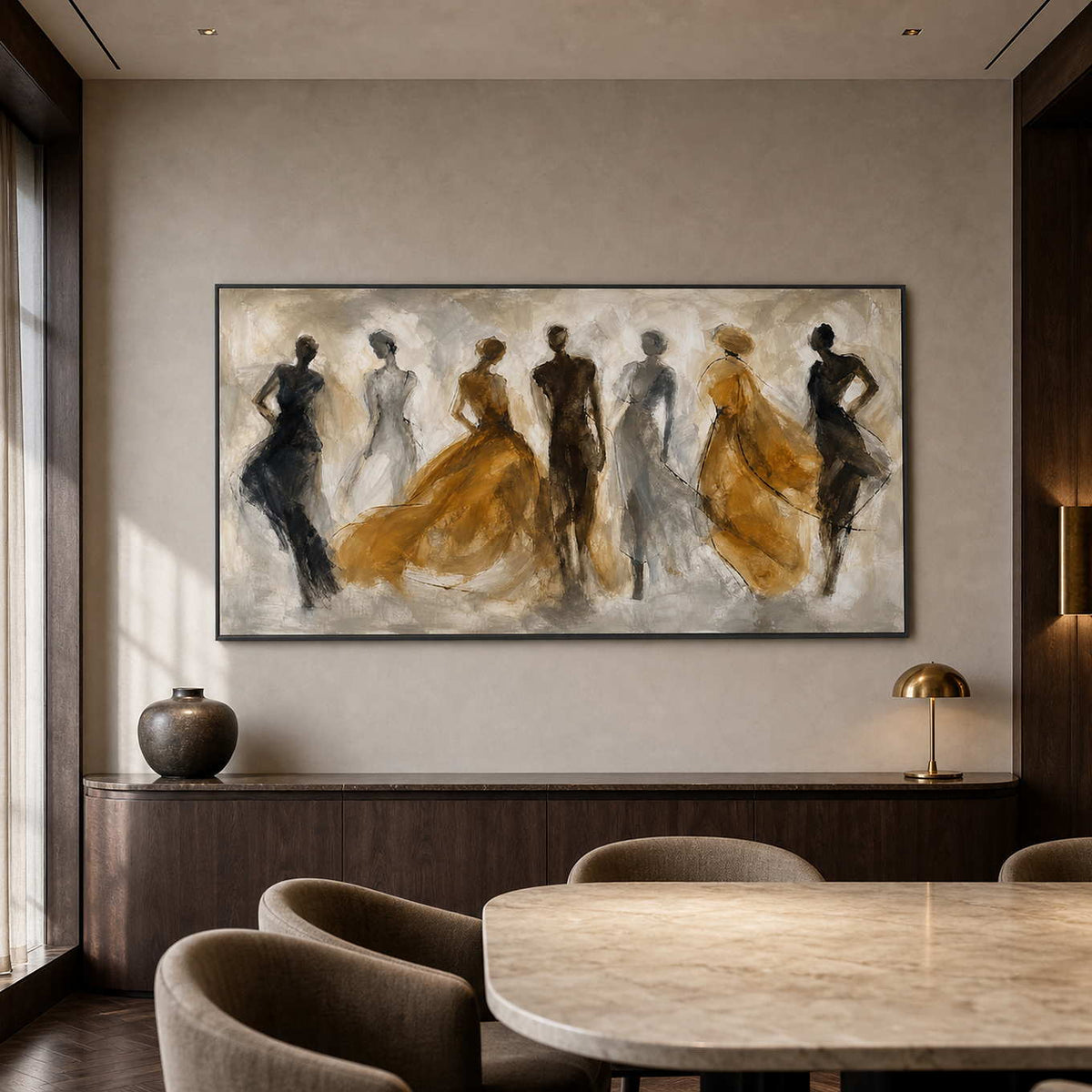 Textured figurative wall art displayed above a refined modern dining room.