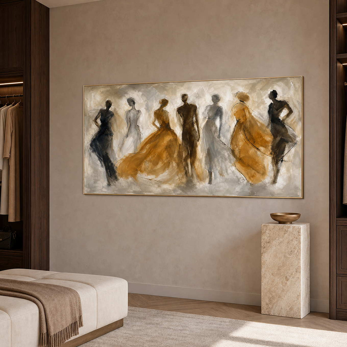 Panoramic figurative wall art displayed in an elegant walk-in dressing room.