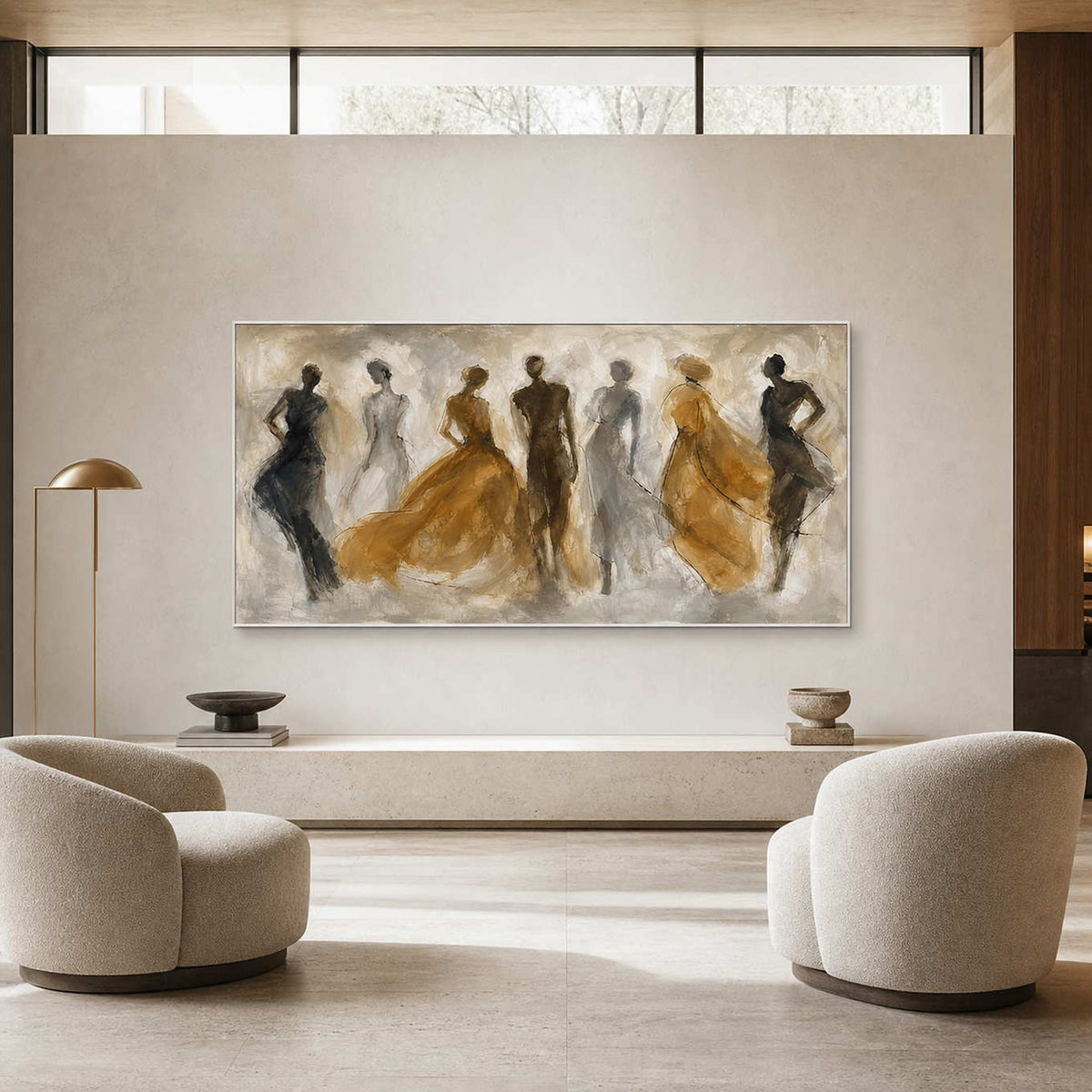 Textured figurative wall art displayed in a bright boutique hotel lobby.