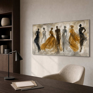 Panoramic figurative wall art displayed in a warm contemporary office.