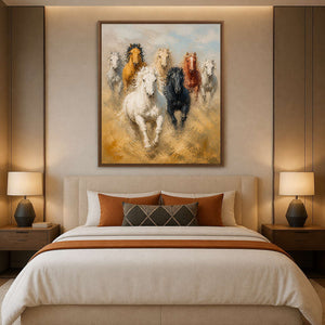 Golden equestrian canvas styled above a warm neutral modern bed.