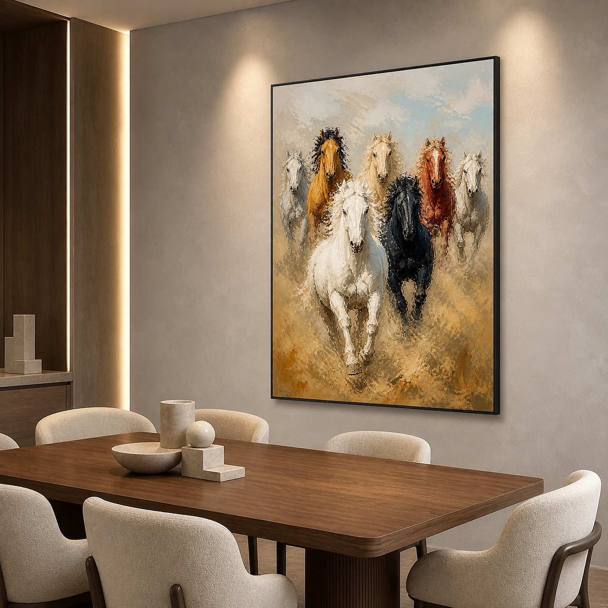 Textured horse herd painting displayed in a refined dining room.