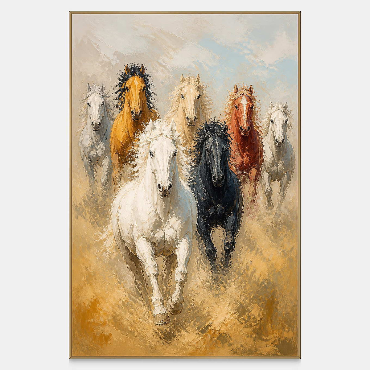 Hand-painted herd of seven horses running through golden dust.