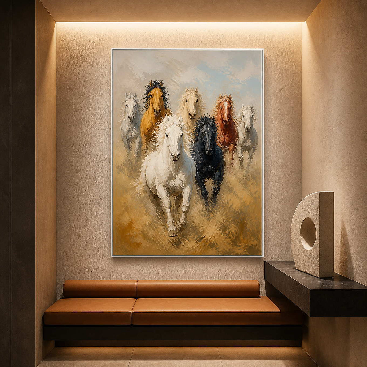 Vertical equestrian artwork displayed in a softly lit hotel hallway.