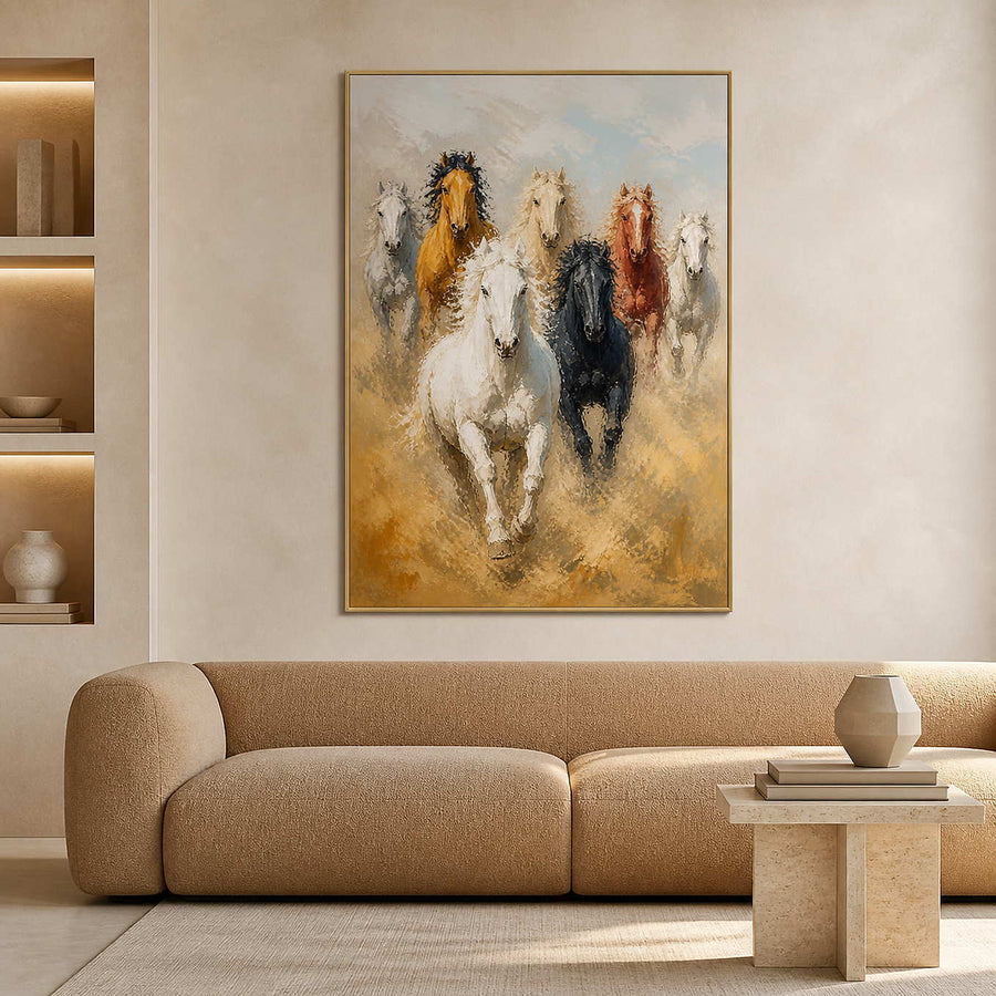 Warm equestrian wall art with seven horses in a modern living room.