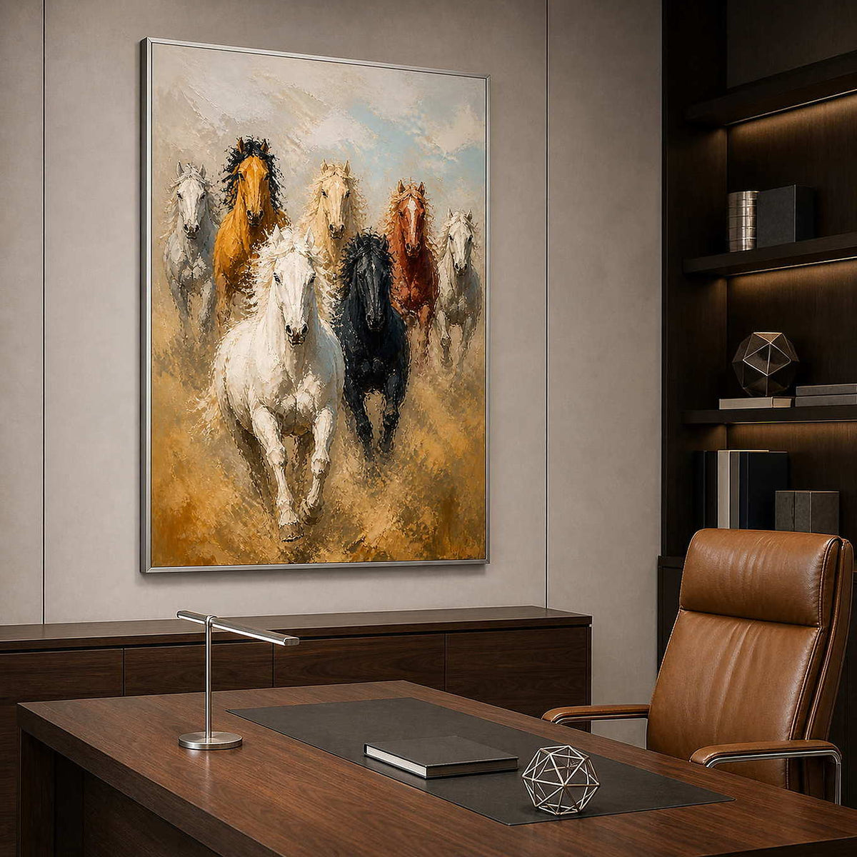 Dynamic horse painting bringing strength and movement to an office.
