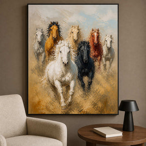 Warm horse herd wall art styled beside a modern reading chair.