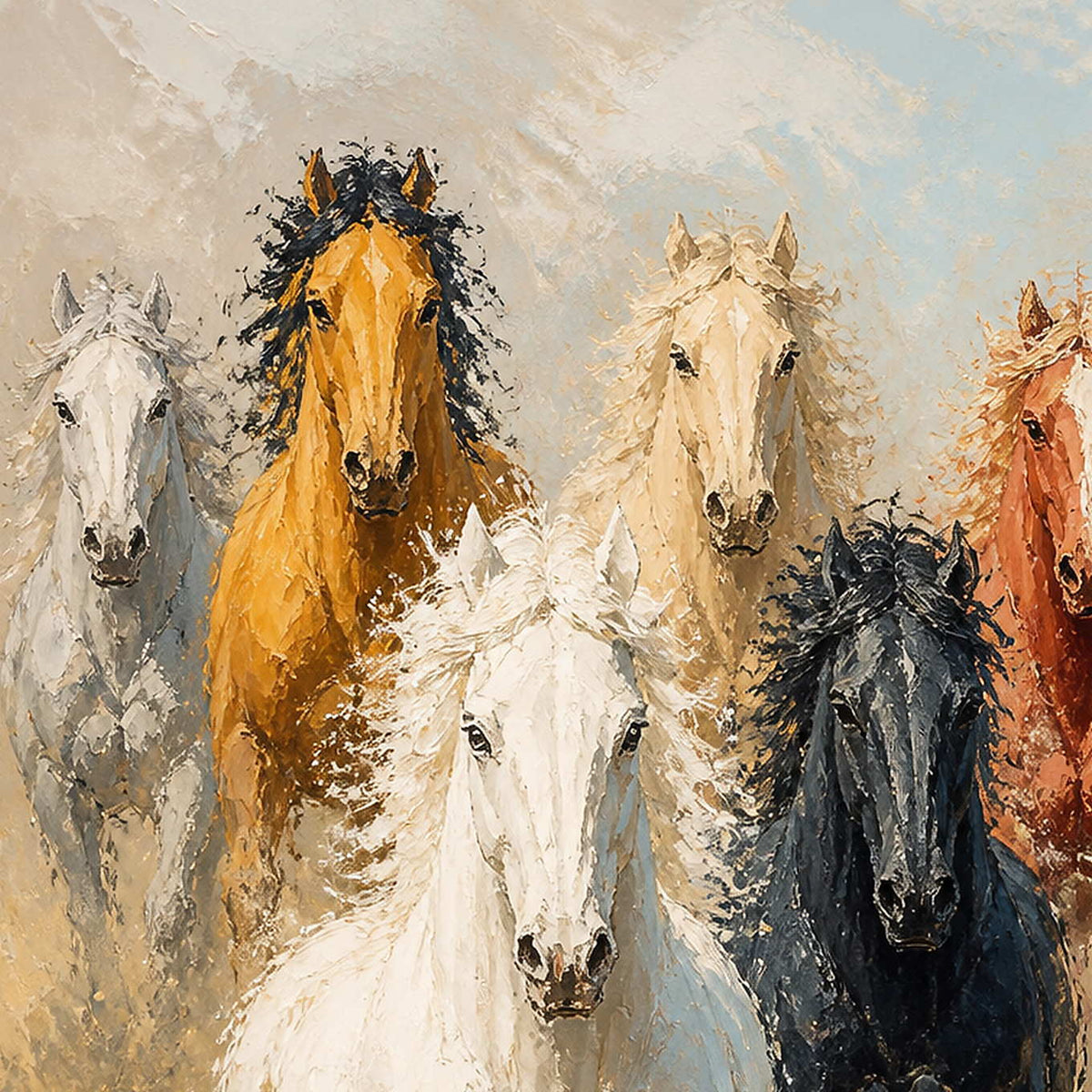 Close-up of the horse faces and layered golden brush texture.