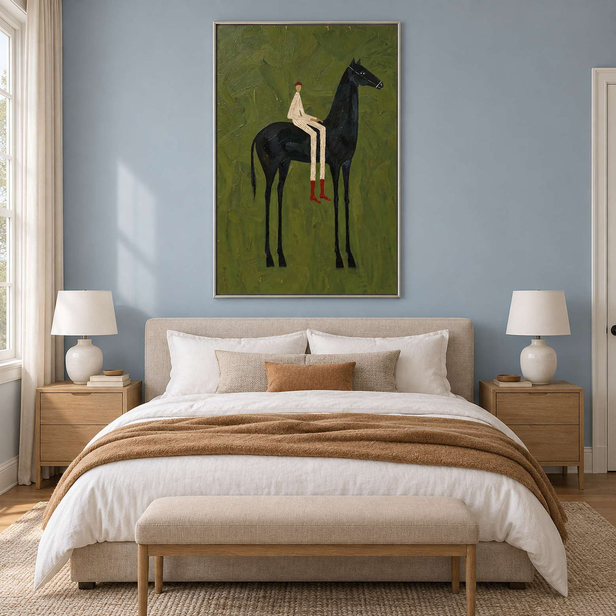 Green horse artwork on a blue wall above a softly colored bed.