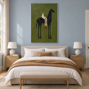 Green horse artwork on a blue wall above a softly colored bed.