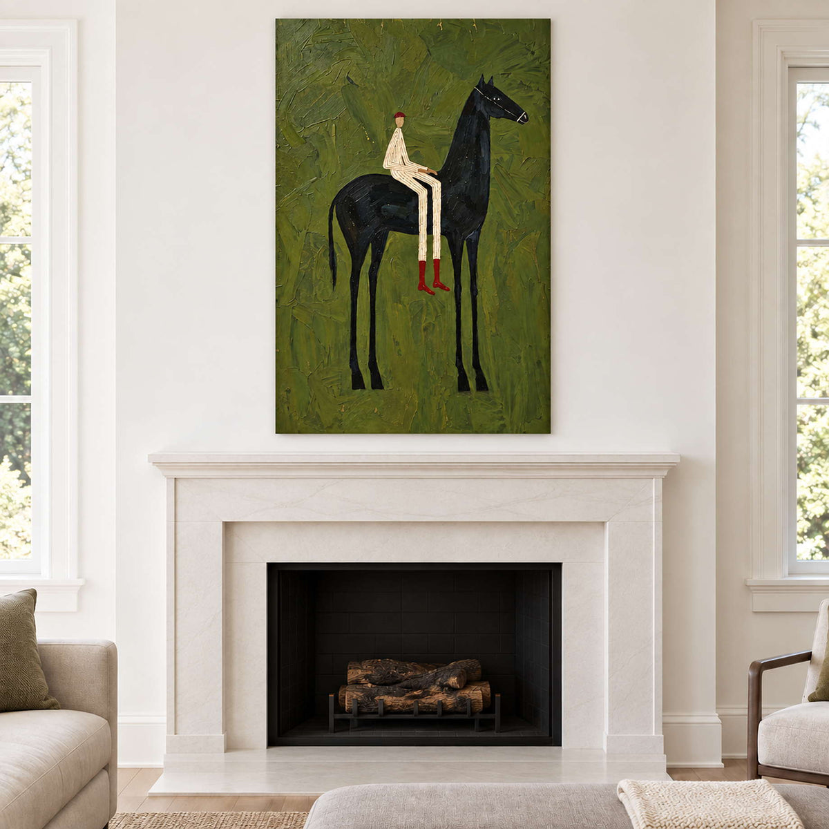 Tall equestrian painting centered over a white fireplace.