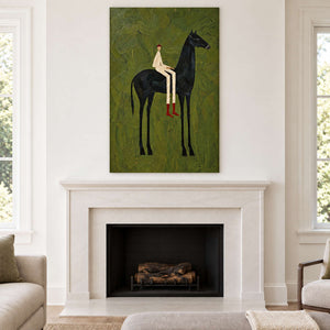 Tall equestrian painting centered over a white fireplace.