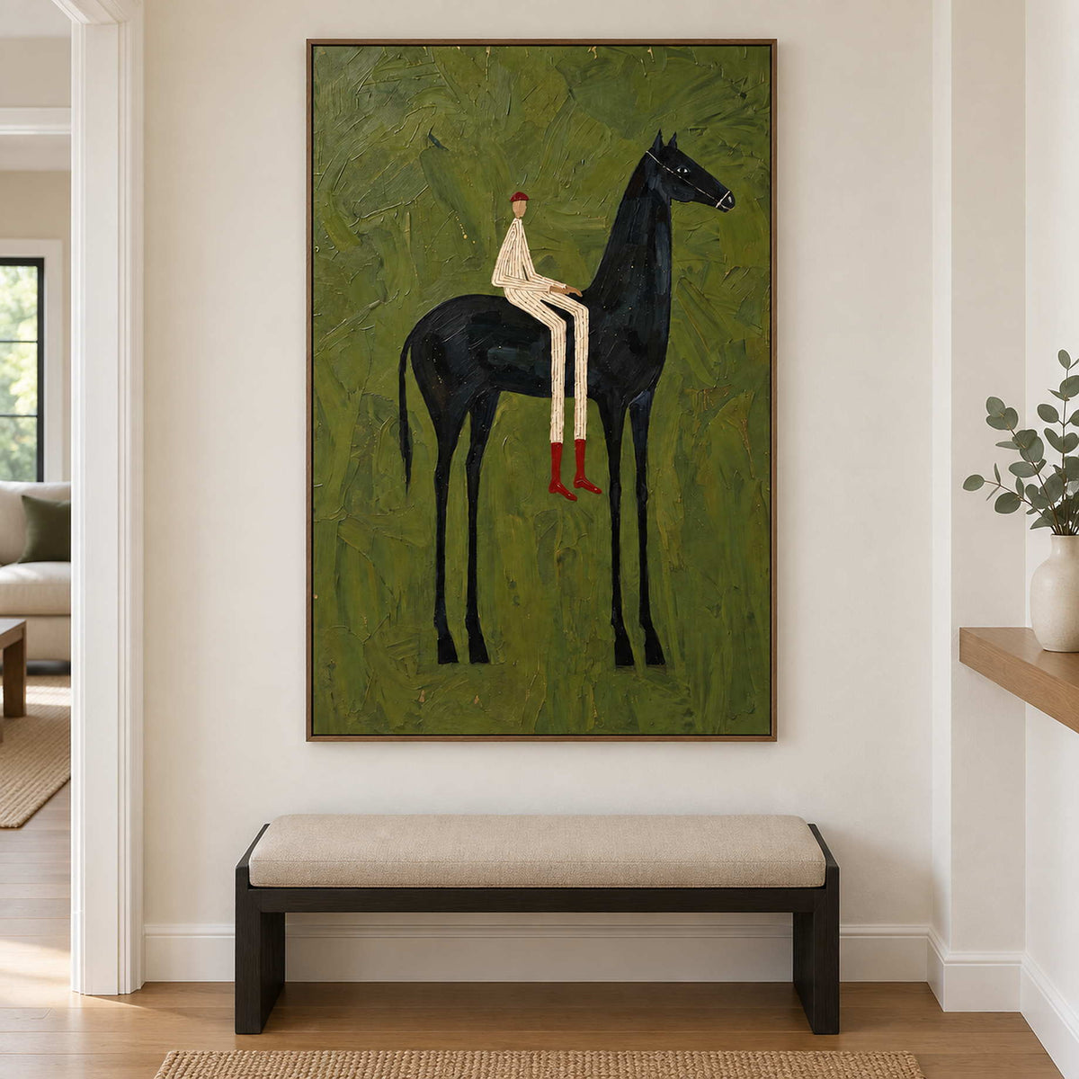 Tall horse painting above a padded hallway bench.