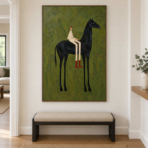 Tall horse painting above a padded hallway bench.