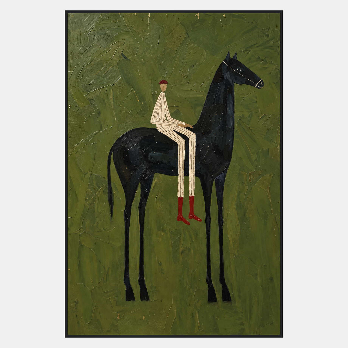 Tall black horse facing right with a cream-striped rider and two red boots on a textured green background.