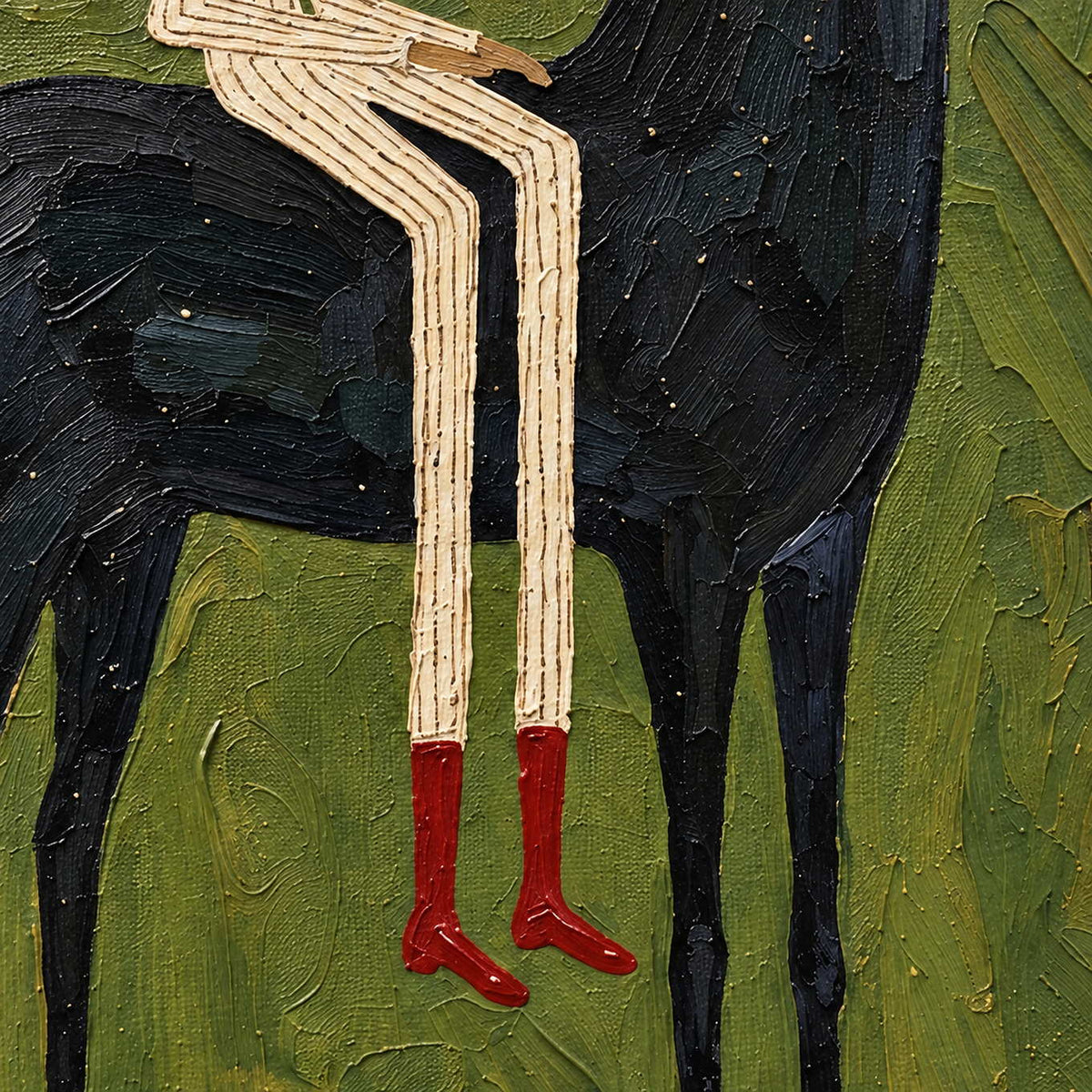 Close-up of parallel cream-striped legs and red boots against the black horse.