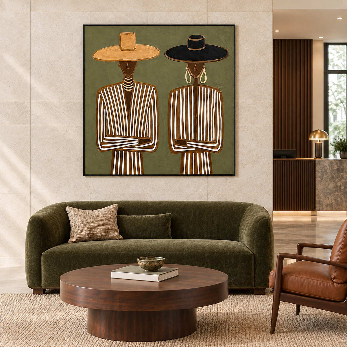 Shared Understanding in a black frame above a curved green sofa and round wood table in a commercial lobby.