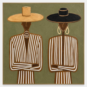 Front view of Shared Understanding, two broad-hatted figures with folded arms and white-striped clothing against an olive background.