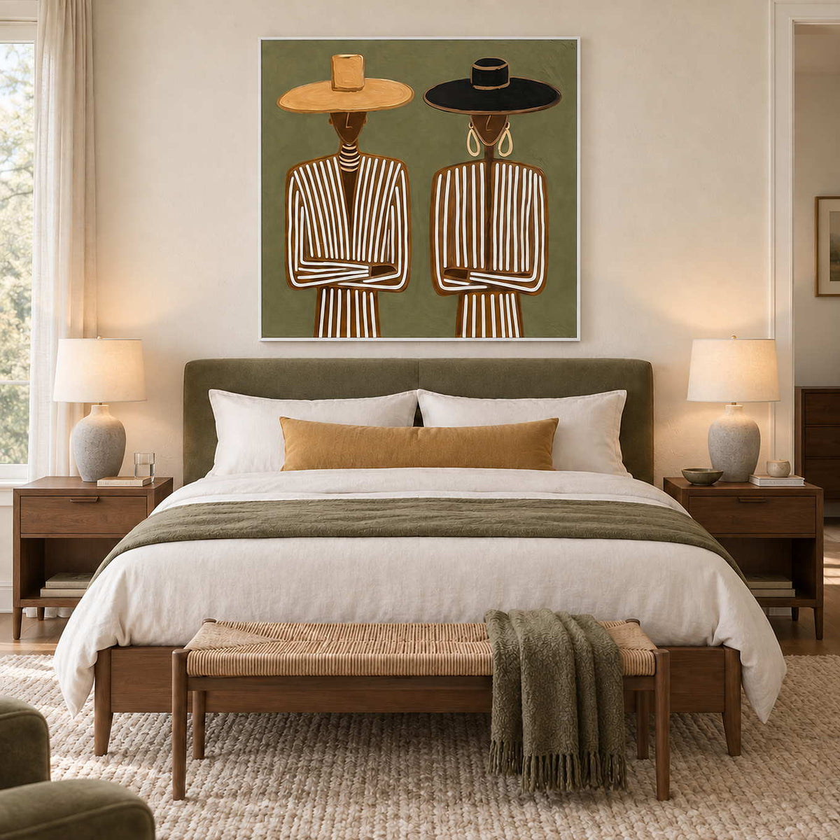 Shared Understanding in a white frame above an olive upholstered bed with white linen and a mustard cushion.
