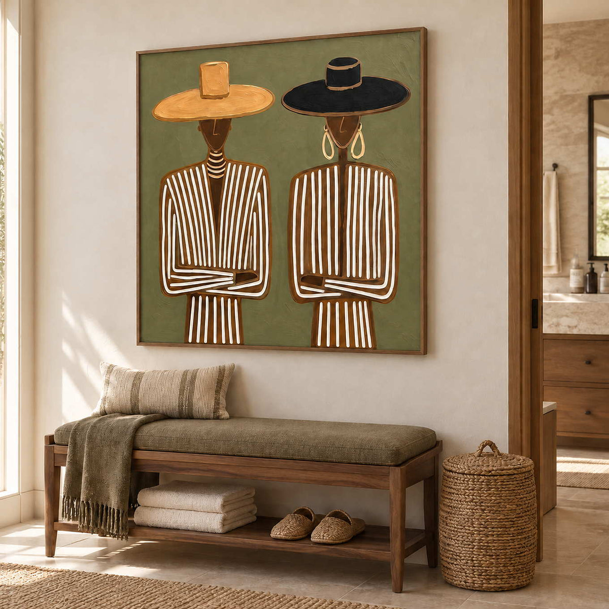 Shared Understanding in a wood frame above an olive cushioned bench with folded towels in a bathroom dry area.