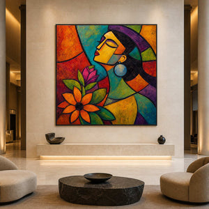 Pop art portrait wall art displayed in a contemporary art hotel lobby.