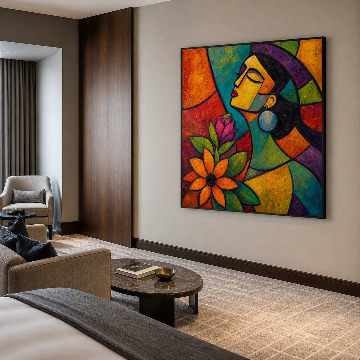 Pop art portrait wall art displayed in a refined boutique hotel suite.