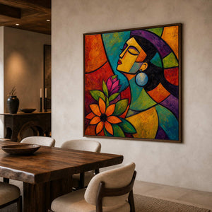 Pop art portrait wall art displayed in a private collector dining room.