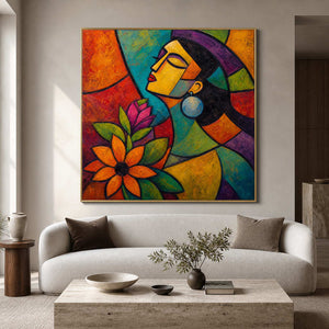 Pop art portrait wall art displayed in a modern collector living room.