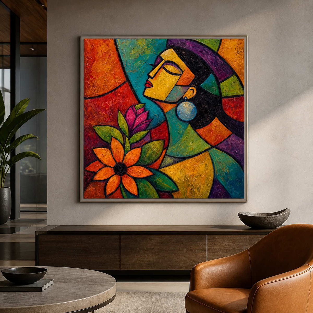 Pop art portrait wall art displayed in a refined designer lounge.