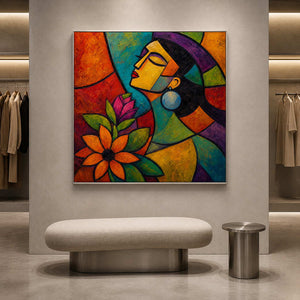 Pop art portrait wall art displayed in a boutique fashion lounge.