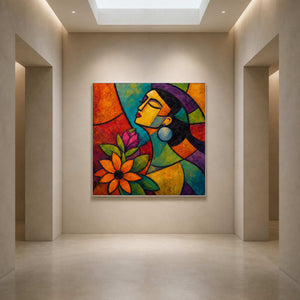 Pop art portrait wall art displayed in a minimalist gallery corridor.