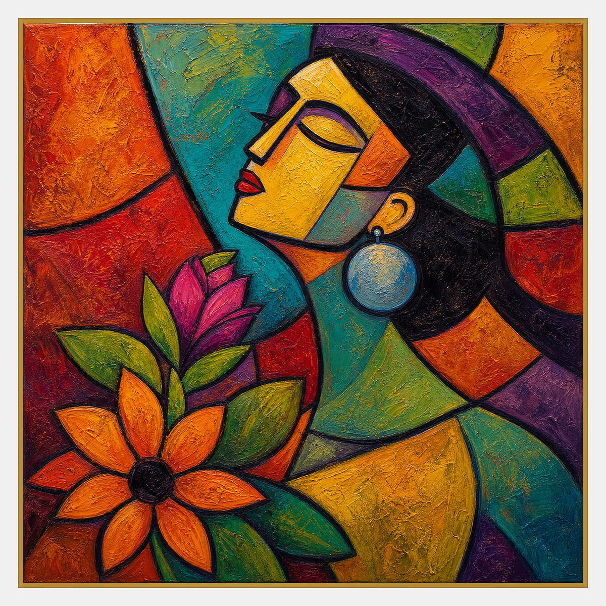 Hand-painted pop art portrait wall art in vivid multicolor and warm tones.
