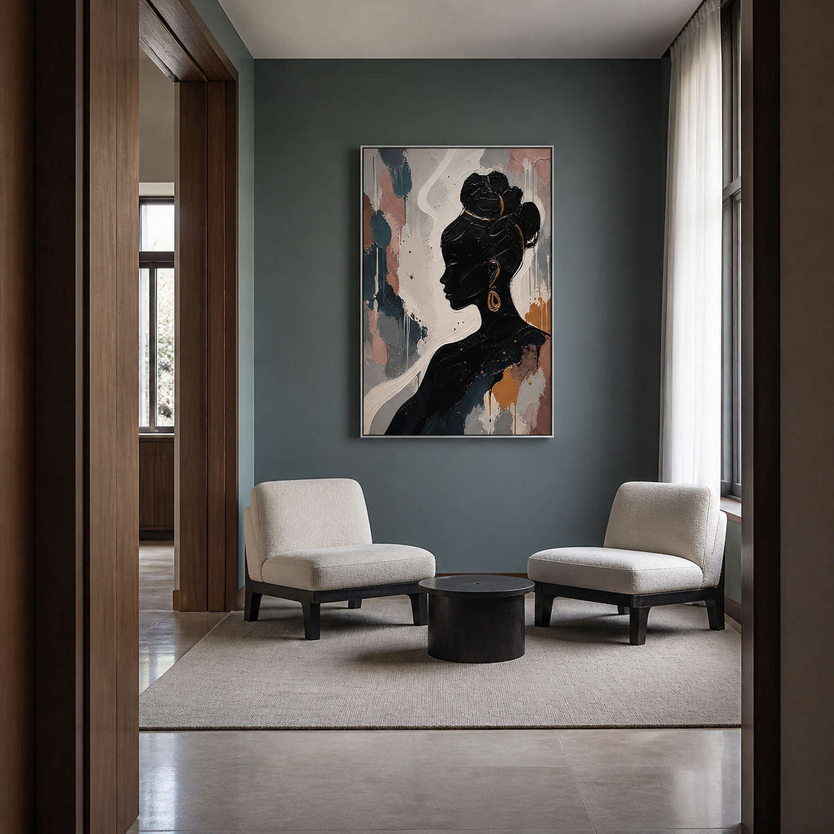 Modern portrait wall art displayed in a blue-green walnut private lounge.