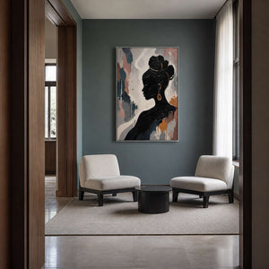 Modern portrait wall art displayed in a blue-green walnut private lounge.
