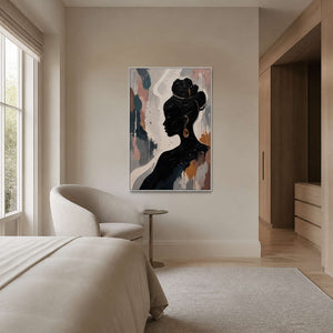 Textured portrait painting displayed in a warm ivory oak bedroom.