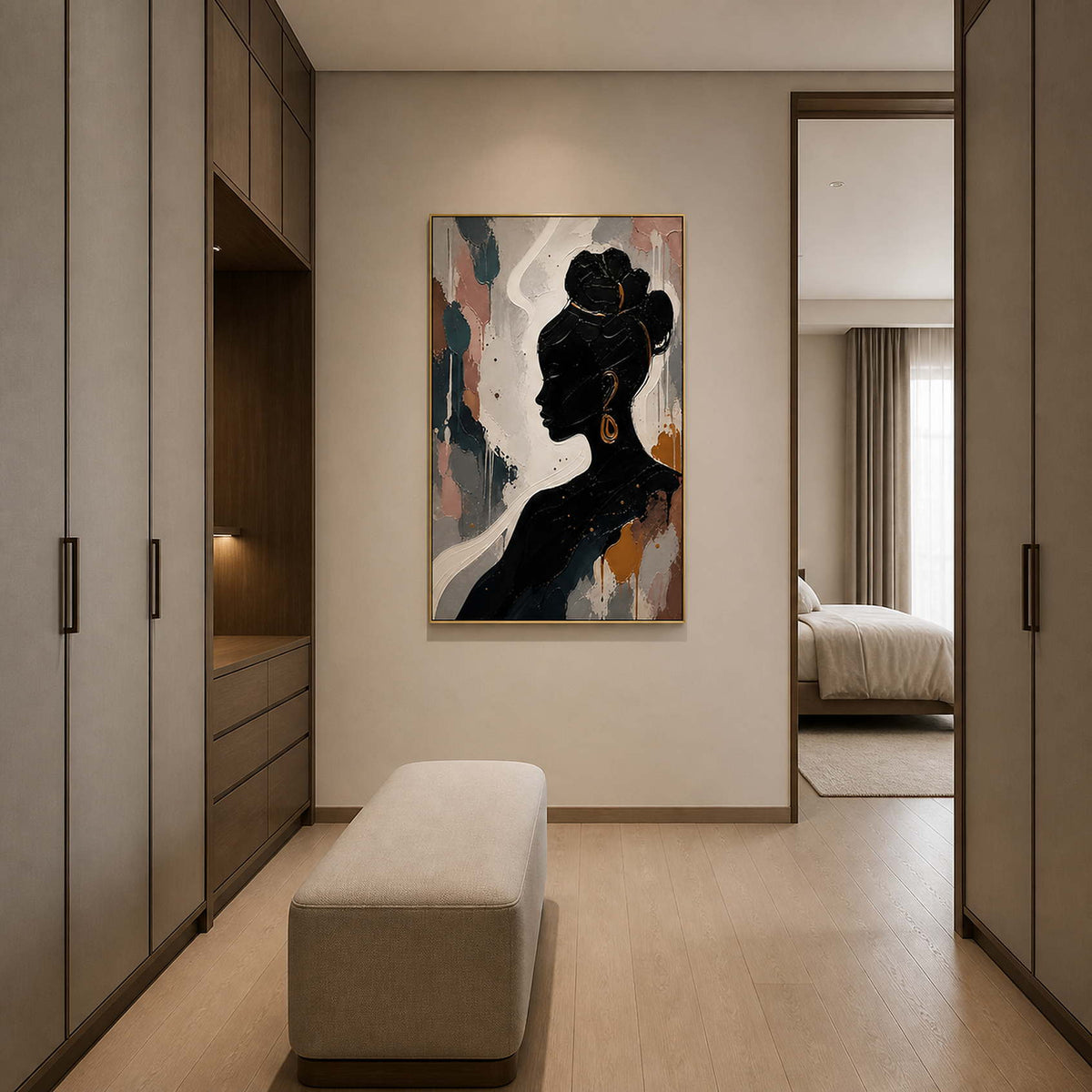 Black profile portrait displayed in an ivory smoked-oak dressing hall.
