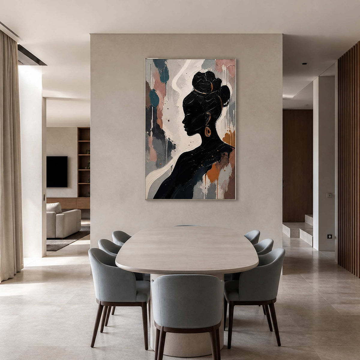 Modern figurative wall art displayed in a warm gray stone dining room.