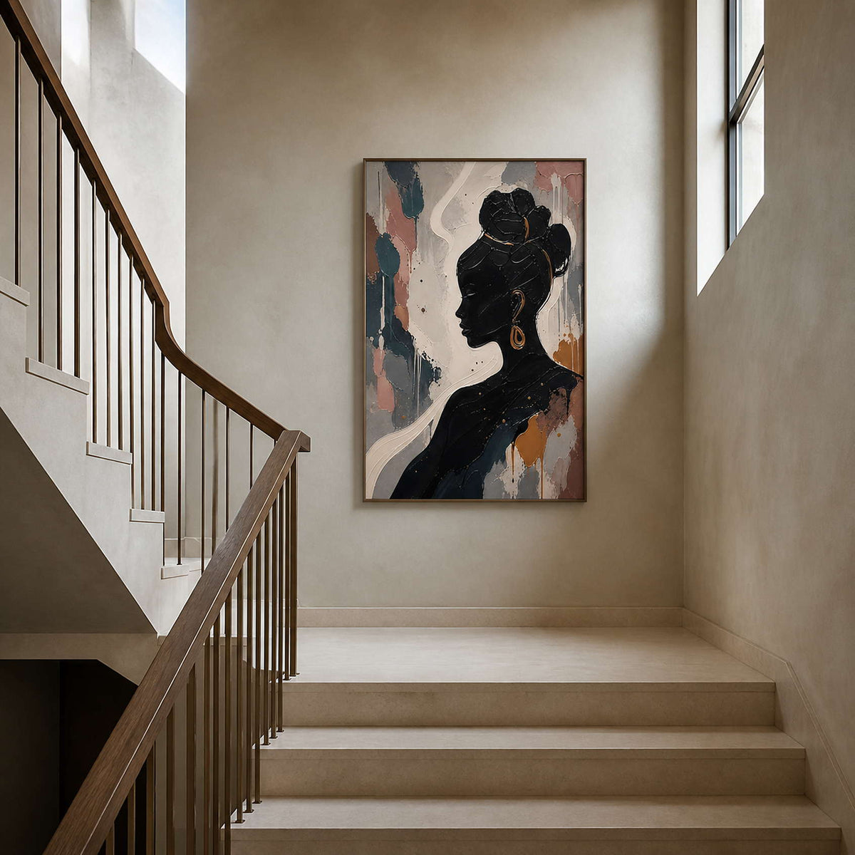 Vertical figurative artwork viewed from a warm stone stair landing.