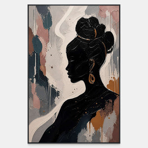 Black profile silhouette with a sculptural bun and gold-copper earring.