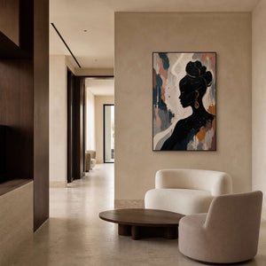 Textured silhouette portrait displayed in a cream walnut living room.