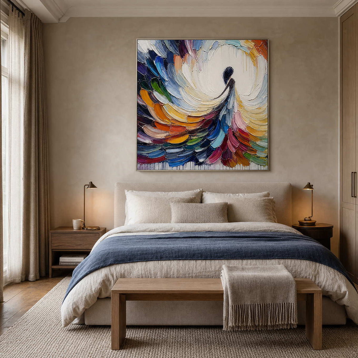 Square figurative artwork adding expressive color above a neutral bedroom.