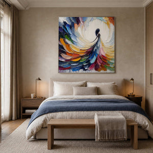 Square figurative artwork adding expressive color above a neutral bedroom.