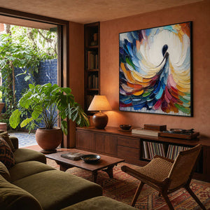 Expressive figure artwork complementing a warm modern family room.