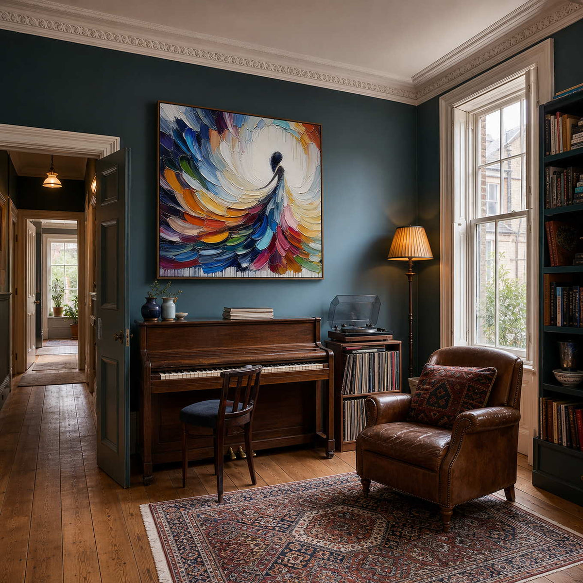 Textured female figure painting displayed in an intimate music room.