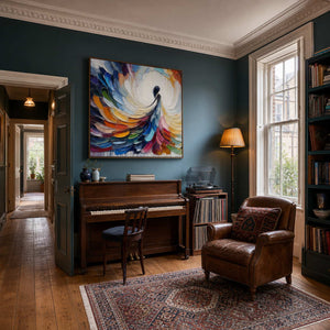 Textured female figure painting displayed in an intimate music room.